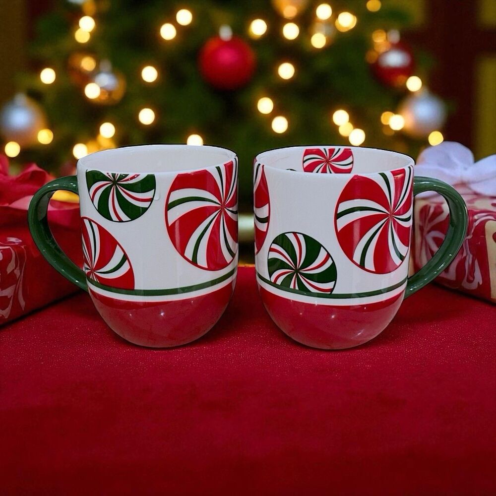 Set of 2 Vintage Pier 1 Hand Painted Red White Green 'CANDY CANE' Coffee Tea Mug